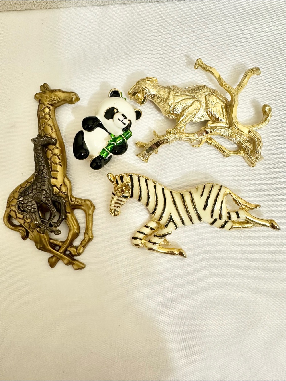 Animal Brooch Set – Gold, Cream Zebra, Gold Leopard, Giraffe & B&W Enamel Panda